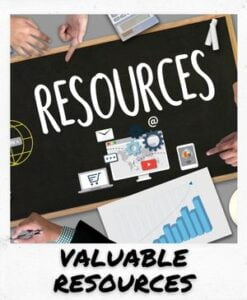 chalkboard and chart of resources.