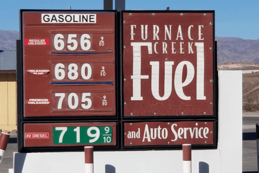 Easy Rv Trip Planning: Preparing For Your Next Adventure 2 A fuel price sign at furnace creek fuel and auto service showing gasoline prices: regular unleaded at $6. 56, unleaded plus at $6. 80, premium unleaded at $7. 05, and #2 diesel at $7. 19.