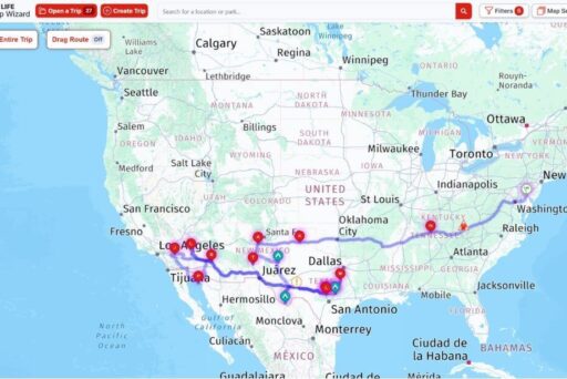 Easy Rv Trip Planning: Preparing For Your Next Adventure 4 A map of the united states and part of mexico showing a travel route marked in purple, starting from the east coast near new york and ending in southern california near los angeles, passing through several states and cities including washington d. C. , dallas, and juárez.