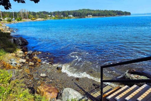Beaches In Acadia National Park: More Than Just Sand 18 A rocky shoreline with clear blue water, a wooden stairway, and a distant tree-lined coast under a sunny sky.