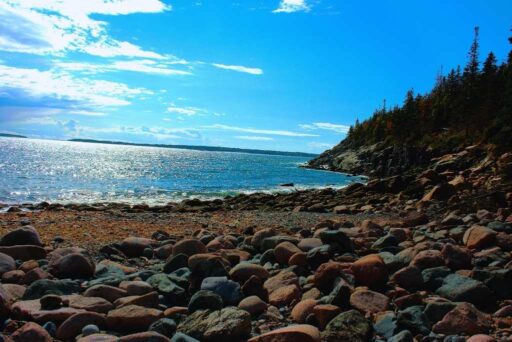 Beaches In Acadia National Park: More Than Just Sand 11 Hunter’s beach with smooth stones, ocean waves, and a forested hillside under a bright blue sky.