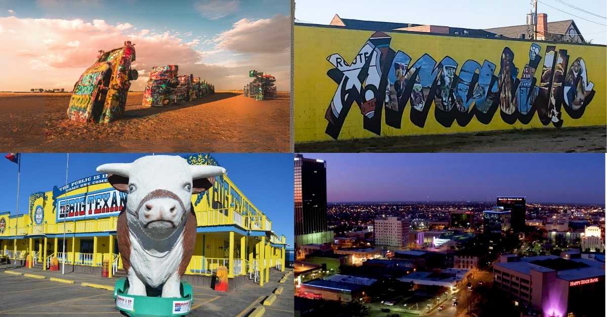 Collage of Amarillo, Texas featuring Cadillac Ranch, Route 66 mural, Big Texan Steak Ranch, and city skyline at dusk.
