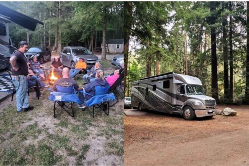 The Complete Guide To Full-Time Rv Living 2 Group enjoying campfire beside rv and class c motorhome parked in forest campsite