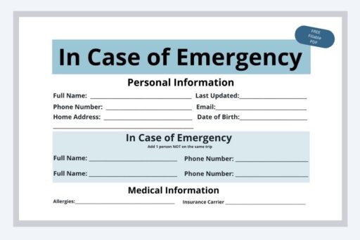 Blank emergency contact form with fields for personal and medical information