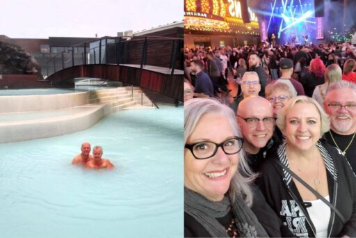 Couple in hot spring and friends at fremont street experience in las vegas