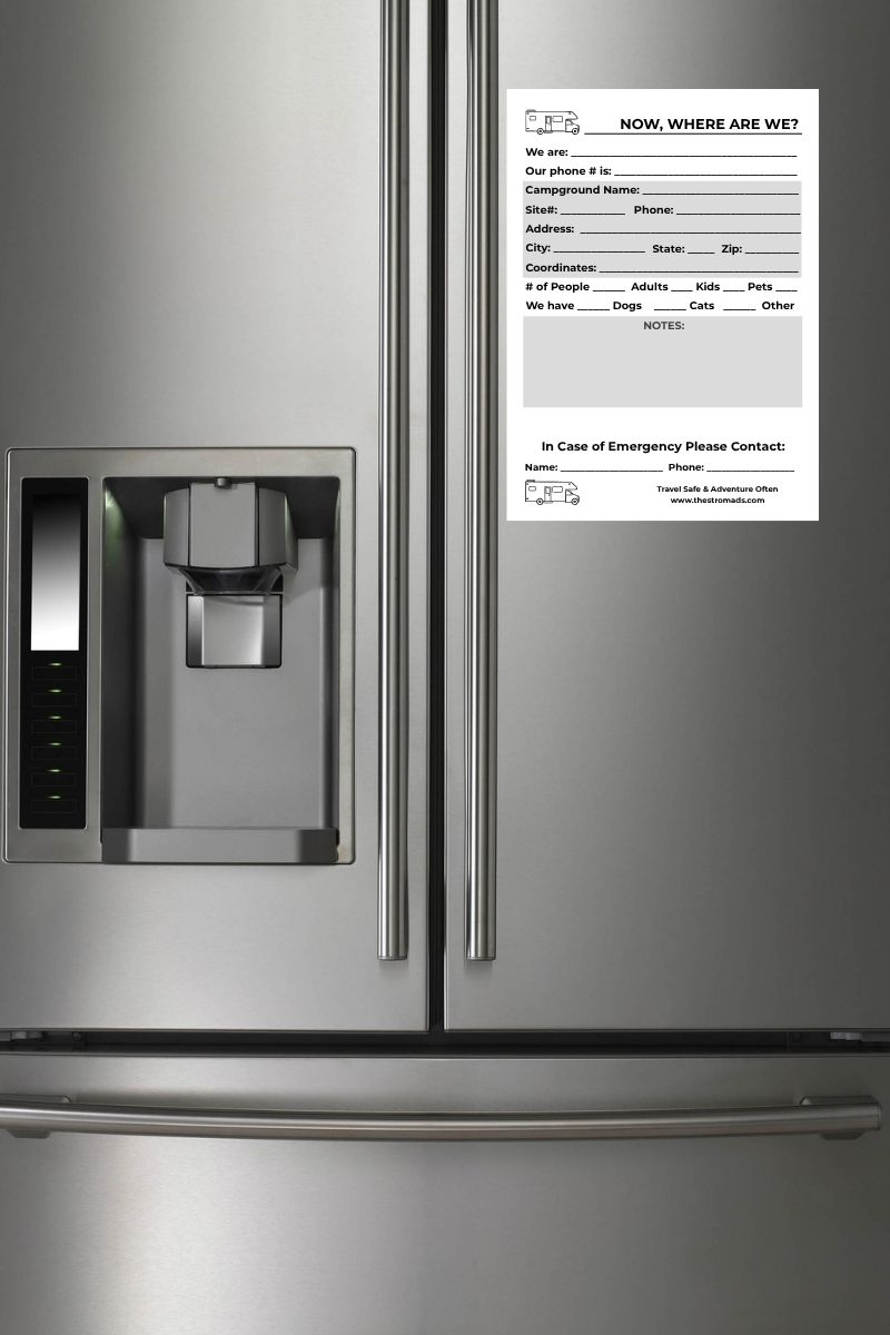 Fridge Stickers &Amp; Rv Windshield Specs Safety Set 2 Alt text: a stainless steel refrigerator with a printed rv location info sheet magnetized to the door. The sheet includes spaces to fill in campground name, site number, coordinates, pet details, and emergency contact information.