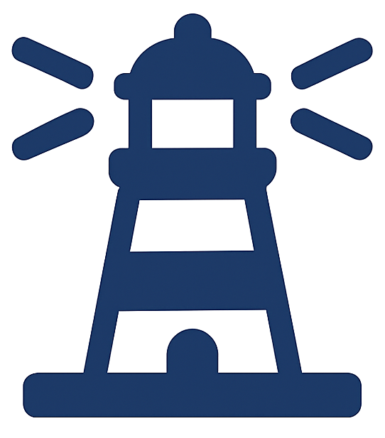 Blue lighthouse icon with light beams representing northeast us travel destinations and coastal landmarks.