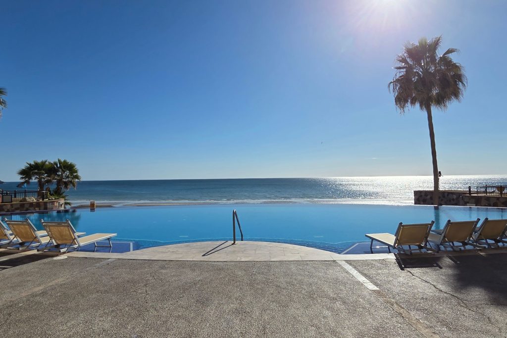 Oceanfront infinity pool in puerto peñasco with lounge chairs and palm trees overlooking the beach and sparkling water. This resort style setting shows the kind of views and amenities you can expect when deciding where to stay in puerto peñasco.