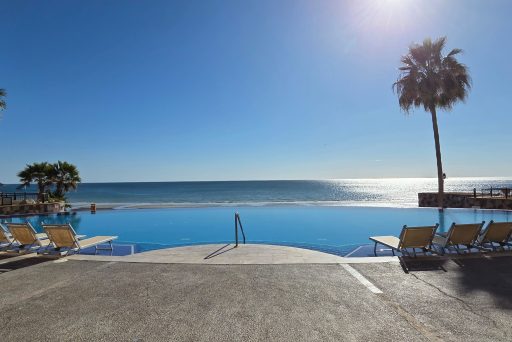 Oceanfront infinity pool in puerto peñasco with lounge chairs and palm trees overlooking the beach and sparkling water. This resort style setting shows the kind of views and amenities you can expect when deciding where to stay in puerto peñasco.