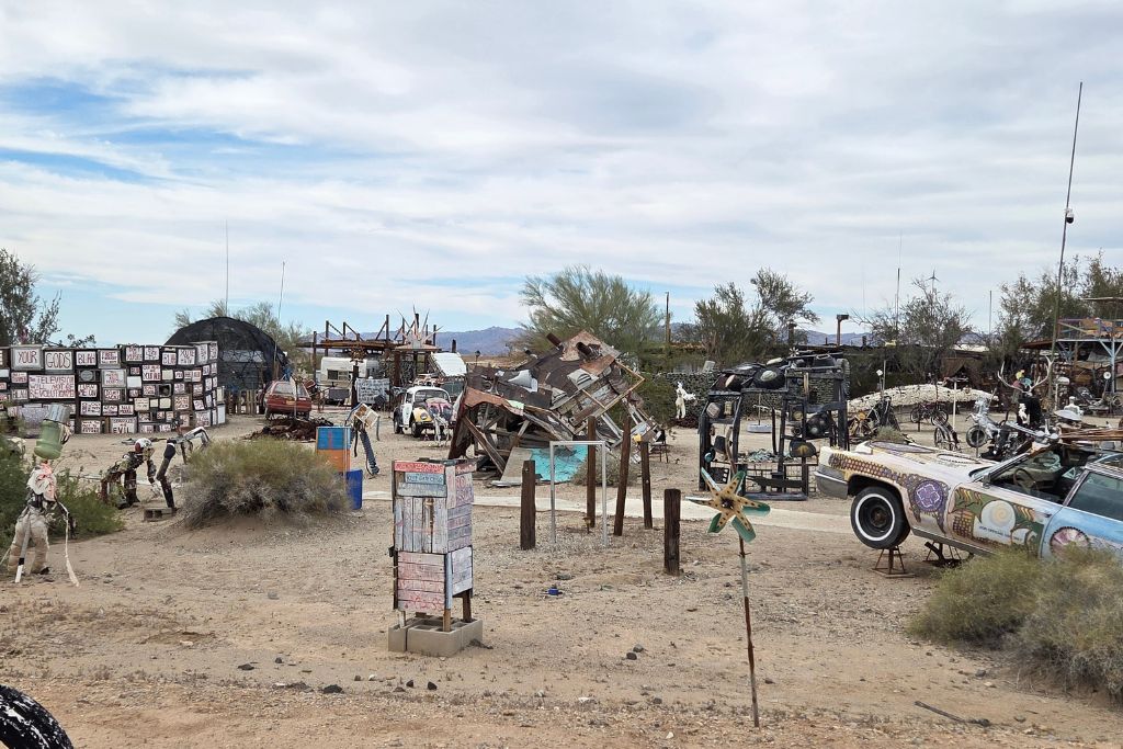 Visiting The Salton Sea: California’s Strangest Desert Lake 7 Eclectic art installations and painted cars at east jesus near slab city in the california desert.