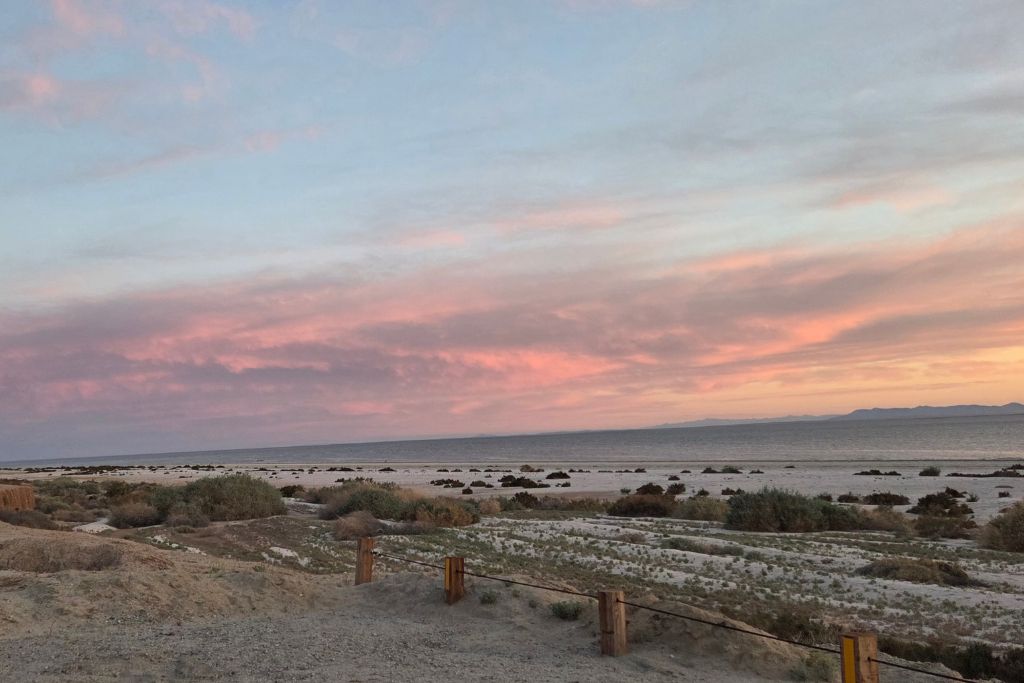 Visiting The Salton Sea: California’s Strangest Desert Lake 13 Quiet shoreline at the salton sea beneath soft pink sunset clouds in the california desert.
