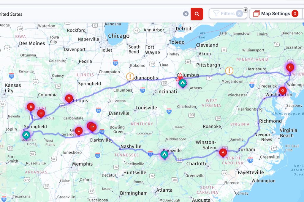Missouri Road Trip Itinerary: Branson, The Ozarks &Amp; Beyond 1 Road trip map showing the rv route from pennsylvania through north carolina and tennessee to branson and the lake of the ozarks in missouri before returning through illinois and ohio.