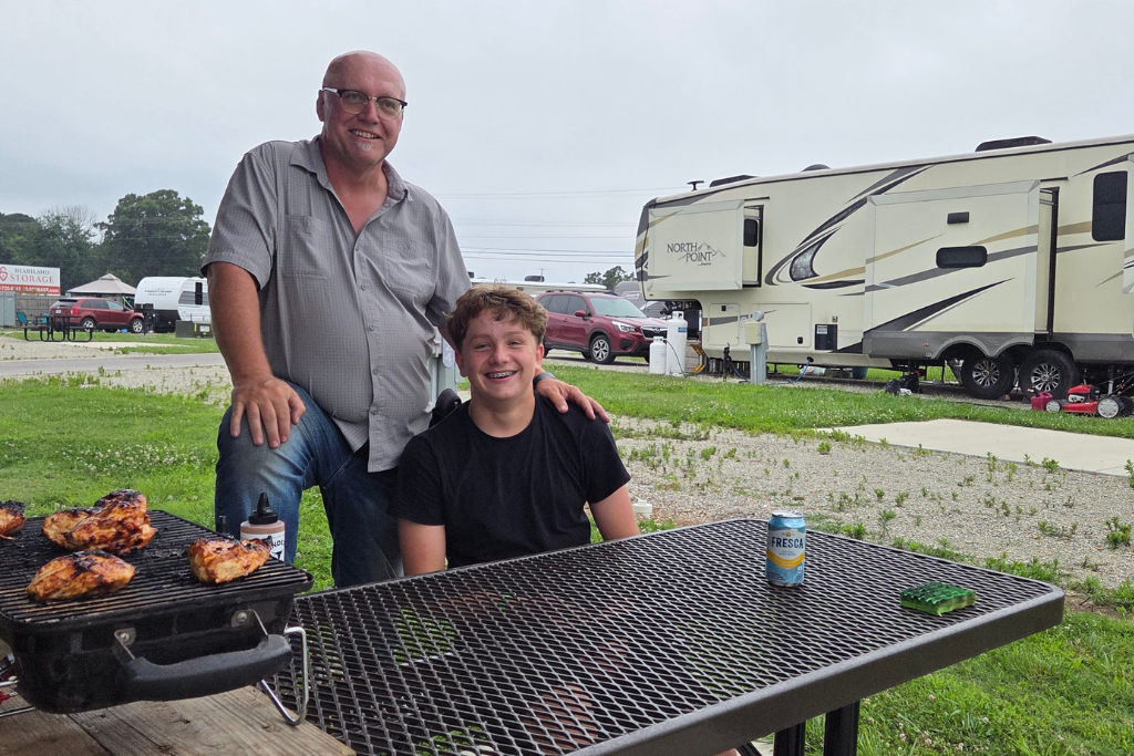 Is Branson Worth Visiting? Our Thoughts After Three Days 16 Robb and mason grill dinner at their branson campground beside their rv after a day of exploring. We found that three days wasn't enough time to enjoy both branson's attractions and the campground amenities.
