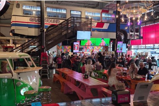 The Grateful Shed In Wisconsin Dells Colorful food truck seating and a greyhound bus create the funky interior of the grateful shed in wisconsin dells.